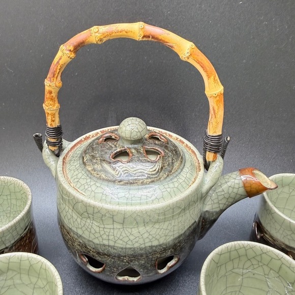 VTG Otagiri SomaWare Somayaki MCM Japan Tea Pot Set Green 6 Cups Golden Horse - Picture 2 of 16